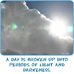 A day is broken up into periods of light and darkness.